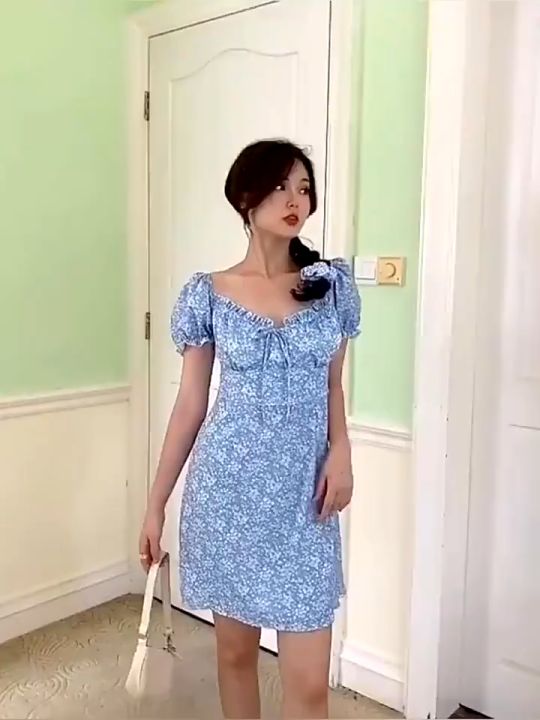 korean Summer mini dress Powder blue dress for woman Casual