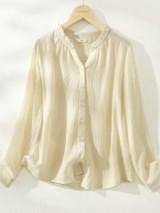 เสื้อเชิ้ตแขนยาวคอวีสีเหลืองนุ่มสบายสไตล์ฝรั่งเศสสำหรับผู้หญิงในฤดูใบไม้ร่วงปี 2025 เสื้อเชิ้ตคอกลมแขนยาวทรงหลวมพิมพ์ลายดอกไม้