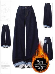 QIANCHANGNAAI | Large Plaid and Bow Tie Pattern Denim Pants With Fur Lining