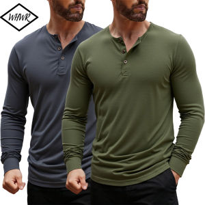Mens Long Sleeved Henley Neck T-shirt Slim Fit Bottoming Shirt Fitness Tops Tees Button Neck Solid Color Casual Cozy Tshirt