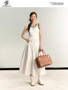 Mostertimnothy Original Commuter Style งานเย็บปะติดปะต่อปัก แขนกุด พรางหุ่น เสื้อกั๊ก เดรส ผู้หญิง ฤดูร้อน ยาว กระโปรงทรงเอ