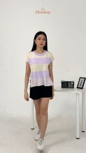 Clouwnny Cortes Stripes Knit Top Casual Daily Fit 40 - 90 Kg Wanita Top Terbaru