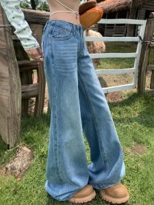 Low Waist Wide Leg Bell Bottom Denim Jeans Womens Vintage Washed Straight Loose Floor Length Pants American Style Light Blue