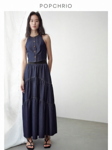 POPCHRIO | Bộ Áo Vest Không Tay Và Chân Váy Midi Cao Waist Retro Denim