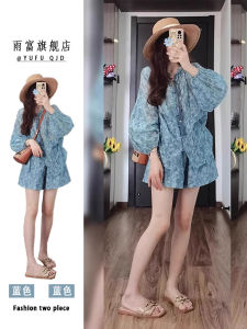 Blue Floral Print Summer Vacation Sun Protection Suit Anti-Aging Fashionable Slimming Meat Concealing Two-Piece Set