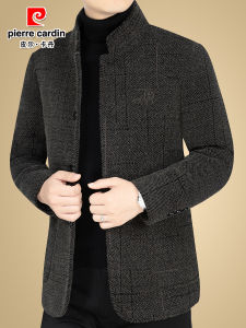 Pierre Cardin Men Jacket Autumn and Winter New Arrival Stand Collar Fleece-Lined Thickened Casual Woolen Coat Clothing for Middle-Aged Dad