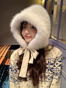 Thickened Fluffy Winter Hat Womens Big Head Size Warm Ties Velvet Head Cap Soft Polyester Fiber round Top Youth Street Style