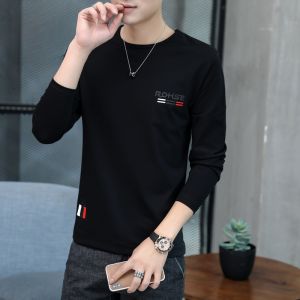 ROMON | Lormen Mens Long Sleeve T-shirt Pure Cotton Casual Round Neck Printed Hoodie Base Shirt Top For Spring Autumn Modern Fashion Urban Style