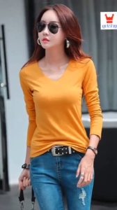 [ Xả Kho Giá Vốn * ] Áo thun nữ cổ tim tay dài vải cotton đẹp dễ mặc dễ phối đồ mặc bốn mùa