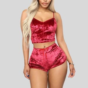 2Pcs/set Womens Velvet Polyester Comfortable V Neck Underwear Crop Top + Shorts Pajama Set Homewear Sleeveless Top Shorts Camis