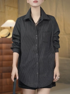 QINGNAER | Plus Size Casual Stripe Long Sleeve Shirt