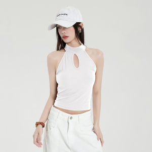 Áo Vest Ngắn Không Tay Cổ Treo Ôm Vừa Vặn Mùa Hè 2025 Màu Cà Phê Mỹ Dành Cho Nữ Thời Trang Thường Ngày Chất Liệu Polyester