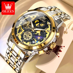 OLEVS Watch for Men Original Waterproof Fashion Hollow Dial Moon Phase Calendar Multifunction Chronograph Luminous Stainless Steel Relo