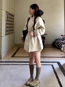 Ge·an·fei | Áo Khoác Cổ Đứng Trắng Elegance Phong Cách Trung Bình-Dài