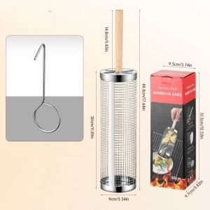 Rolling Grill Basket Removable Wooden Handle 304 Stainless Steel Nesting Grilling Tools Smoker BBQ Accessories for Vegetable