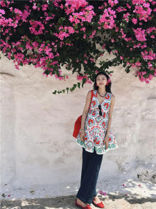 Dopamine Boosting Retro Print V-Neck Strapless Dress A-Line Mini Skirt Casual Beach Vacation Tourist Wear Polyester Fiber