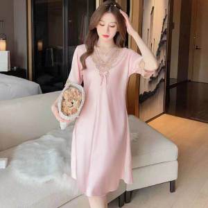 Ice Silk Sleepwear Womens Summer Short Sleeve Lace Trim Sensual Fashion plus Size Home Clothes 2024 New Style V-neck Mid-length