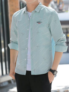 Summer Ice Silk Mens Business Casual Shirt Loose Long Sleeve Fashionable Top Youth Standard Fit Polyester Cotton Blend