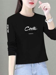 Womens Pure Cotton Long Sleeve T-Shirt round Neck Short Style Inner Wear Base Shirt Commute Fashion Small Size Trendy Print