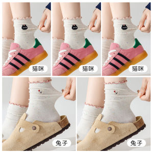 ถุงเท้าผู้หญิงถักลายการ์ตูนน่ารัก ถุงเท้ากลางน่องผ้าฝ้ายแท้ ขอบไม้กางเขน ถุงเท้าผู้หญิงสีขาว ฤดูใบไม้ผลิและฤดูร้อน