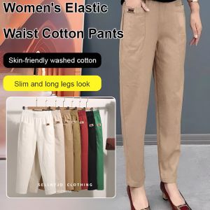 Womens Elastic Waist Cotton Pants Middle-Aged Casual Loose Straight Trousers Plus Size Color Straight Slim Radish Trousers