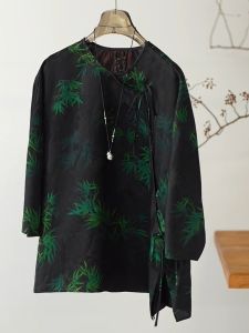 QINGNAER | Zen Style Retro Chinese Plus Size Bamboo Print Diagonal Placket Three-Quarter Sleeve Summer Shirt