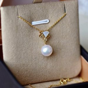 Montagne Jewelry 18k Pure Gold Pendant Diamond Inset Design Fine Jewellery Natural 8-8.5mm Akoya Pearl Pendant Necklace