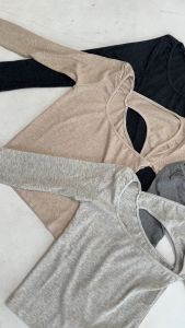 Atasan Wanita Crop Top Long Sleeve Korean Style Strecth Bodysuit Bahan Rib Knit