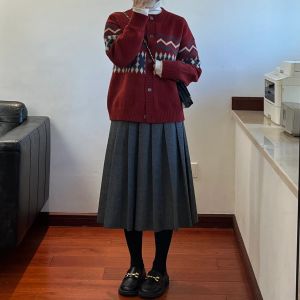 กระโปรงทรงเอเอวสูง ผ้าขนสัตว์สีเทา กระโปรงทรงสั่นสำหรับผู้หญิงไซส์ใหญ่ ฤดูใบไม้ผลิและฤดูใบไม้ร่วง กระโปรงทรงเอยาวปานกลาง