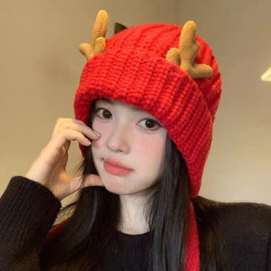 【WJ】แฮท Red Hat ผู้หญิงฤดูใบไม้ร่วงและฤดูหนาวเกาหลีฉบับน่ารักฮอร์นถักหมวกหูป้องกันความอบอุ่นและเย็น