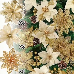 6-24Pcs 15cm Artificial Christmas Flowers with Clips Stems Xmas Tree Ornaments Glitter Flower for Garland New Year Party Decor