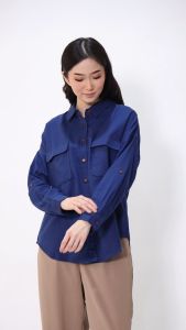 Urban Exchange Ariana Navy Waffle Shirt - Atasan Kemeja Basic Lengan Panjang