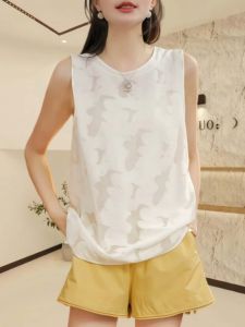 เสื้อกั๊กแขนกุดลายปักแฟชั่นฤดูร้อน 2025 สำหรับผู้หญิง คอกลม สีขาว ทรงหลวม ลำลอง เสื้อเชิ้ตผู้หญิง ทรงหลวม แขนกุด