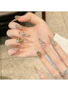 เล็บใส่ได้แบบสวมทำจากมือของ Lani ชุดเล็บสีขาวระยิบระยับดีไซน์ตาแมวประดับเพชรชาร์โมนี่ แบรนด์ใหม่ เครื่องประดับเล็บฤดูใบไม้ร่วง/ฤดูหนาว