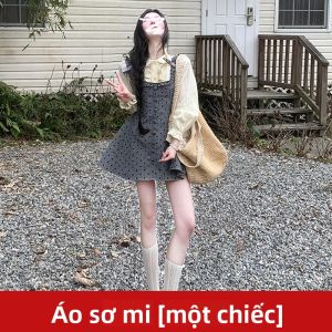PEIZIXUAN | Đầm Áo Gile Chấm Bi Xám Pháp Thu
