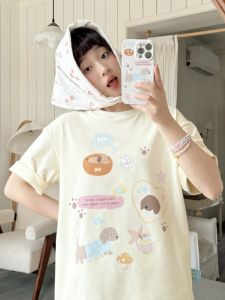 เสื้อยืดคอกลมแขนสั้นลายการ์ตูนสุนัขสีครีม ทรงหลวม สไตล์ญี่ปุ่น ลดอายุ เสื้อผ้าทำงานสไตล์เกาหลี ผ้าฝ้าย ฤดูร้อน