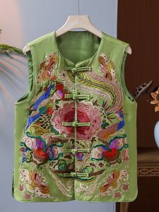 New Chinese Style Heavy Embroidery Womens Vest Fashionable Vintage Lapel Buttonless Loose Fit Light Weight round Neck Top