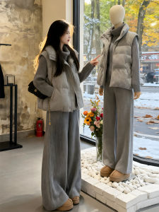 Shalldoer | Korean Style Gray Down Cotton Vest Winter Fashion Thick Coat Layering Knit Set