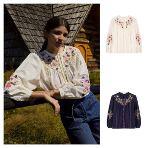 Paris LouisMis* Early Autumn Cotton Embroidered Shirt Colorful Stitching Retro Style Womens Fashion Straight Cut Blouse