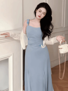 Phong Cách Pháp Kích Thước Lớn Trà Nghỉ Váy Nữ Không Tay Bướm Xanh Nút Thắt May Mùa Hè Eo Giảm Béo Đầm