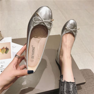 Beyarne Flat Shoes Womens round Toe Soft Bottom Butterfly Knot Silver Single Shoes Flat Heel Versatile Slip-On Casual Footwear