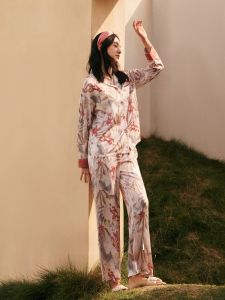 LUNILAI | Lunilai Silk Feel Long Sleeve Shirt Collar Sleepwear Womens Comfortable Smooth Two Piece Set Casual Floral Print Spring Autumn