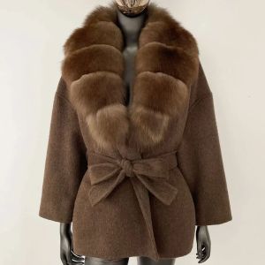 OFTBUY Real Raccoon Fox Fur Coat 2024 New Belt Pocket Winter Blends Wool Coat Women Loose Outerwear Fur Jacket Casual Streetwear