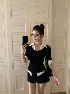 Stylish Unique French Style Black Illusion Two-Piece Shirt