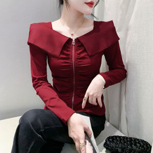YIMEI Beautiful design with a stylish base shirt large womens V-neck zippered cardigan 2023 new high-quality cotton T-shirt female red top