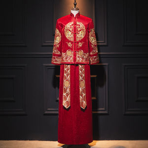 New 2025 Wedding Dress Chinese Style New Bride Suit for Women Long Cheongsam Embroidered Design No Slit for Wedding Ceremony