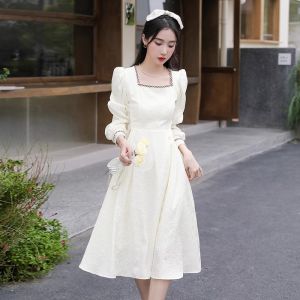 Slimming French Style Square Collar Long Sleeve Dress Womens plus Size Autumn Fashion Sweet Style Mid-Length One Piece