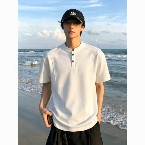 ZHUOCAN | Black American Style High-End Feeling Henry Collar Polo Shirt