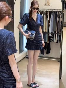 XUECAIQI | Floral V-Neck Waisted Ruffle Mini Dress