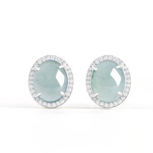Light Blue Natural A-grade Jade Oval Full Zircon Women S925 Silver Earrings Certificate